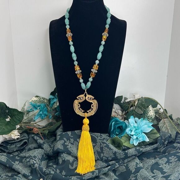 Jadeite Gemstones Tassel Necklace 12" Blue Gold-tone Chinese Zodiac Medallion - Picture 2 of 14